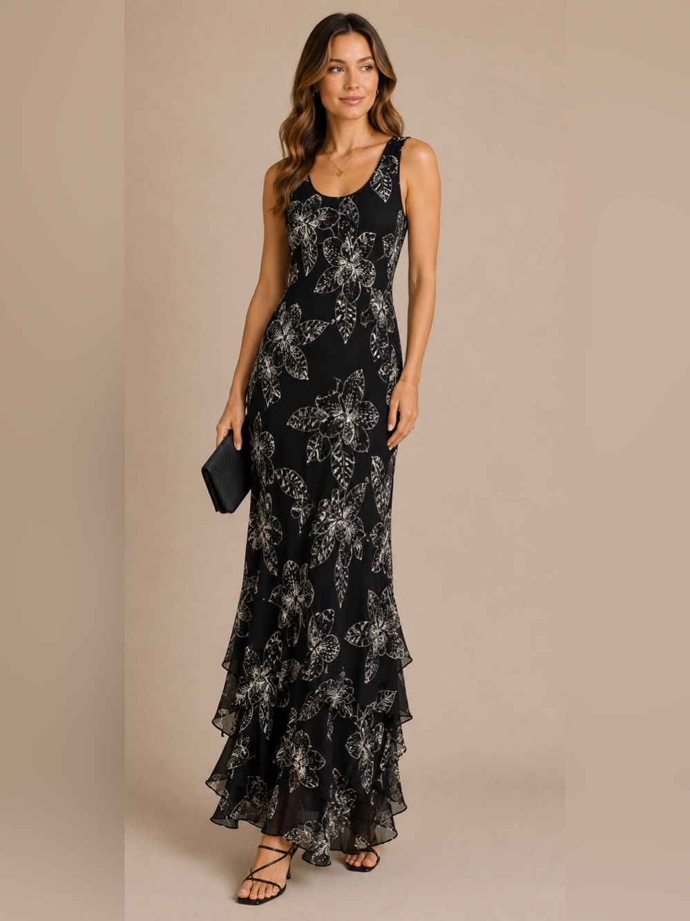 Chico’s 100% Silk Maxi Dress Black White Floral Wedding guest